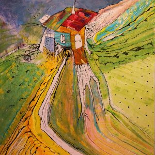 Cabane « toile » n°2 __Juillet _ Aout __2022 __92 cm x 65 cm . Création de Serge Vandecasteele . Prix : 1200 euros .