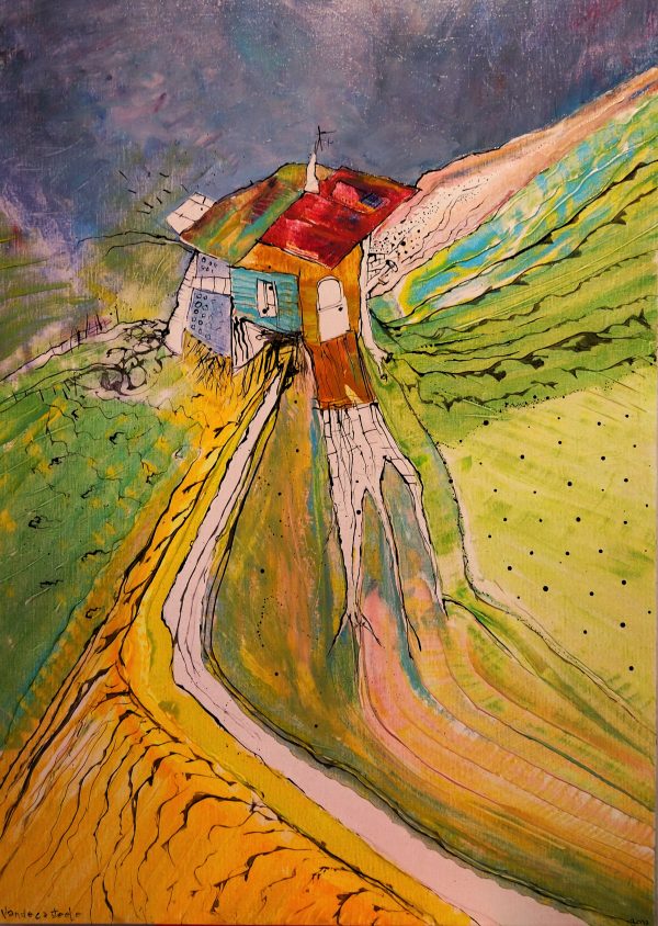 Cabane « toile » n°2 __Juillet _ Aout __2022 __92 cm x 65 cm . Création de Serge Vandecasteele . Prix : 1200 euros .