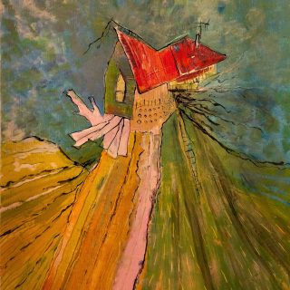 Cabane « toile » n°4 __Juillet _ Aout __2022 __92 cm x 65 cm . Création de Serge Vandecasteele . Prix : 1200 euros .