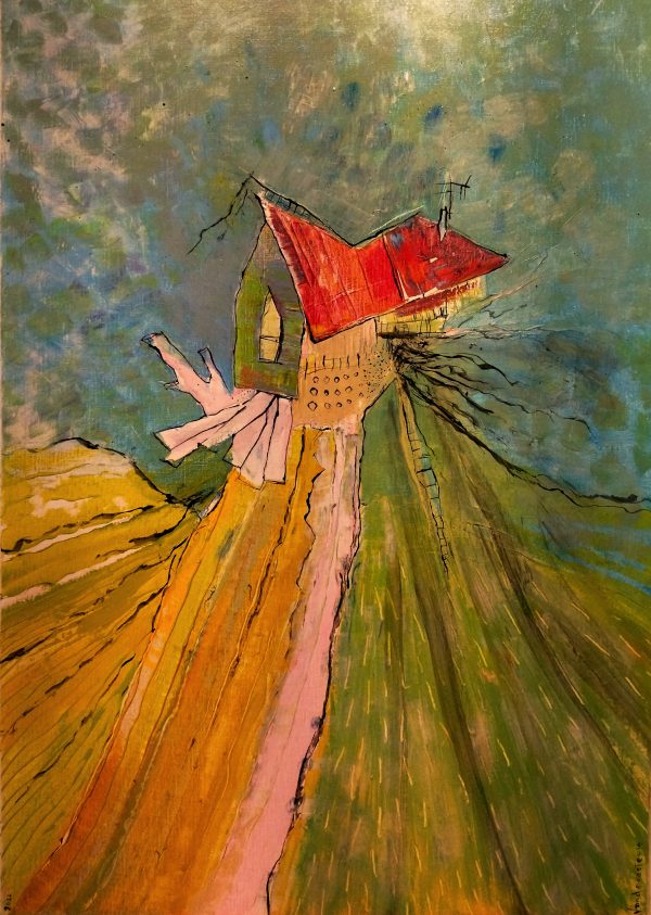 Cabane « toile » n°4 __Juillet _ Aout __2022 __92 cm x 65 cm . Création de Serge Vandecasteele . Prix : 1200 euros .
