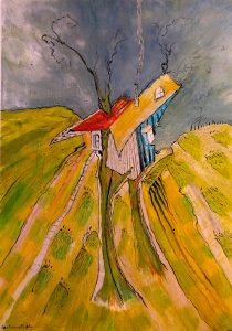 Cabane « toile » n°6 __Juillet _ Aout __2022 __92 cm x 65 cm . Création de Serge Vandecasteele . Prix : 1200 euros .