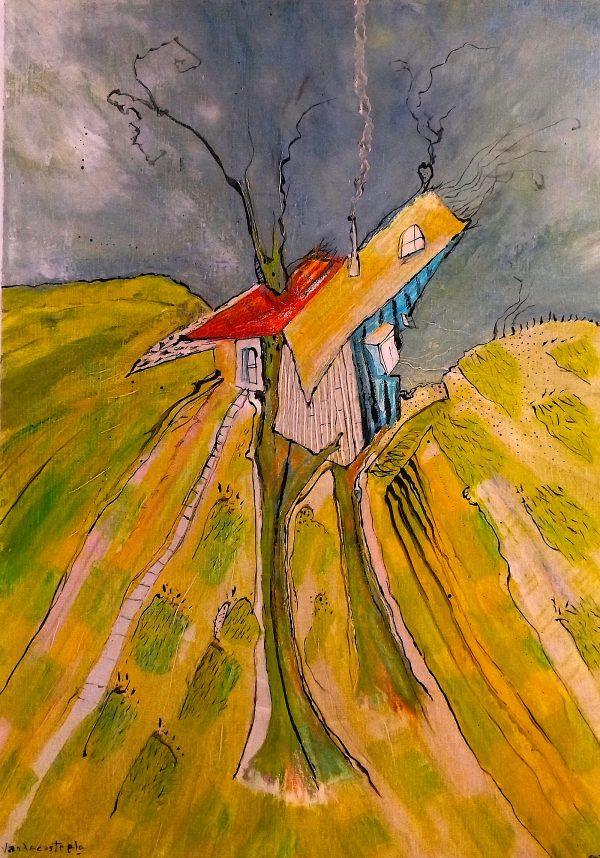Cabane « toile » n°6 __Juillet _ Aout __2022 __92 cm x 65 cm . Création de Serge Vandecasteele . Prix : 1200 euros .