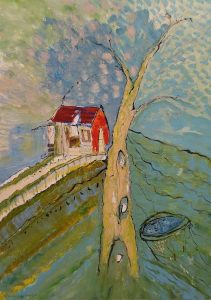 Cabane « toile » n°15___Juillet _ Aout __2023 __92 cm x 65 cm . Création de Serge Vandecasteele . Prix : 1200 euros . #steelserge