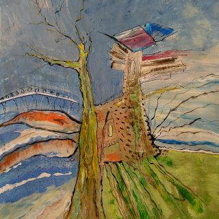 Cabane « toile » n°20___Juillet ___2023 __92 cm x 65 cm . Création de Serge Vandecasteele . Prix : 1200 euros . #steelserge