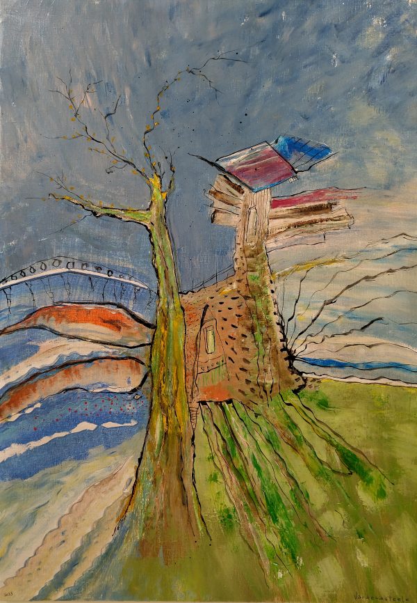 Cabane « toile » n°20___Juillet ___2023 __92 cm x 65 cm . Création de Serge Vandecasteele . Prix : 1200 euros . #steelserge