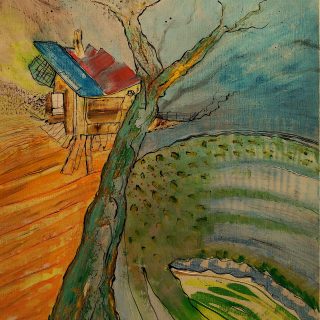 Cabane « toile » n°17___Janvier __2024__92 cm x 65 cm . Création de Serge Vandecasteele . Prix : 1200 euros . #steelserge