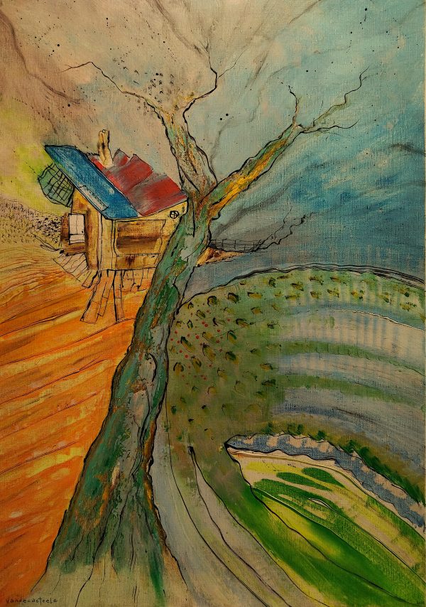 Cabane « toile » n°17___Janvier __2024__92 cm x 65 cm . Création de Serge Vandecasteele . Prix : 1200 euros . #steelserge