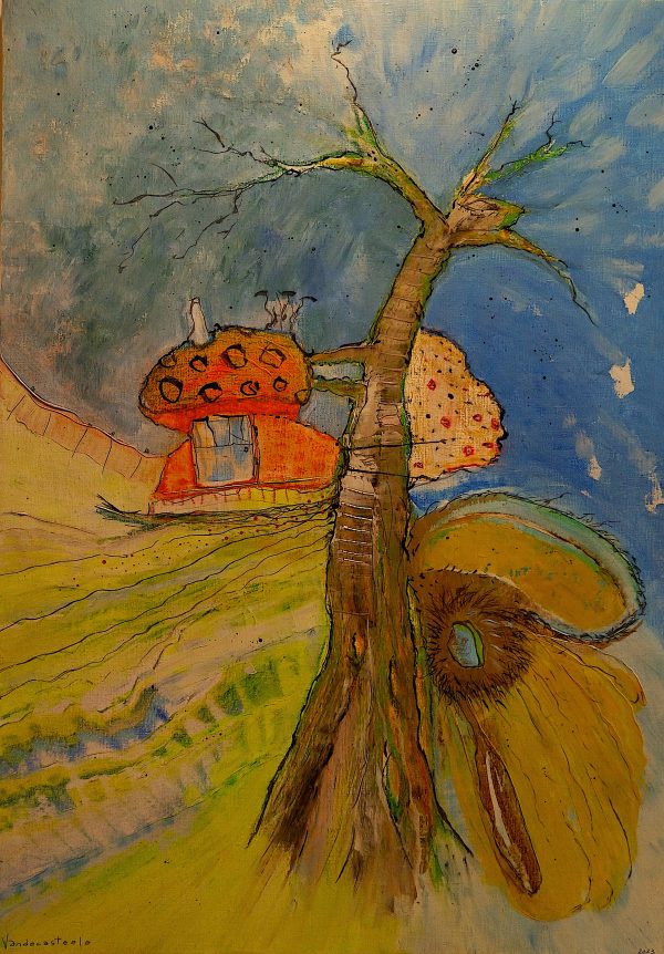 Cabane « toile » n°21_ Janvier __2024__92 cm x 65 cm . Création de Serge Vandecasteele . Prix : 1200 euros . #steelserge