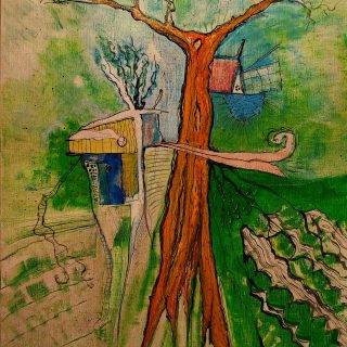 Cabane « toile » n°23. ___Janvier ___2024 __92 cm x 65 cm . Création de Serge Vandecasteele . Prix : 1200 euros . #steelserge