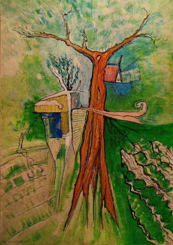 Cabane « toile » n°23. ___Janvier ___2024 __92 cm x 65 cm . Création de Serge Vandecasteele . Prix : 1200 euros . #steelserge