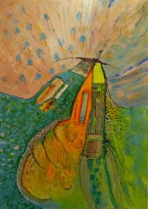 Cabane « toile » n°22___Janvier __ 2024__92 cm x 65 cm . Création de Serge Vandecasteele . Prix : 1200 euros . #steelserge