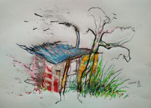 Cabane n° 3 . Fantastiques . dessin technique mixte . format A4 avec cadre . Serge Vandecasteele . #steelserge