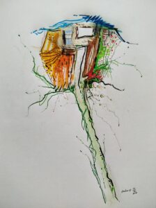 Cabanes n° 1 .   Fantastiques . dessin technique mixte . format A4  avec cadre . Serge Vandecasteele . #steelserge